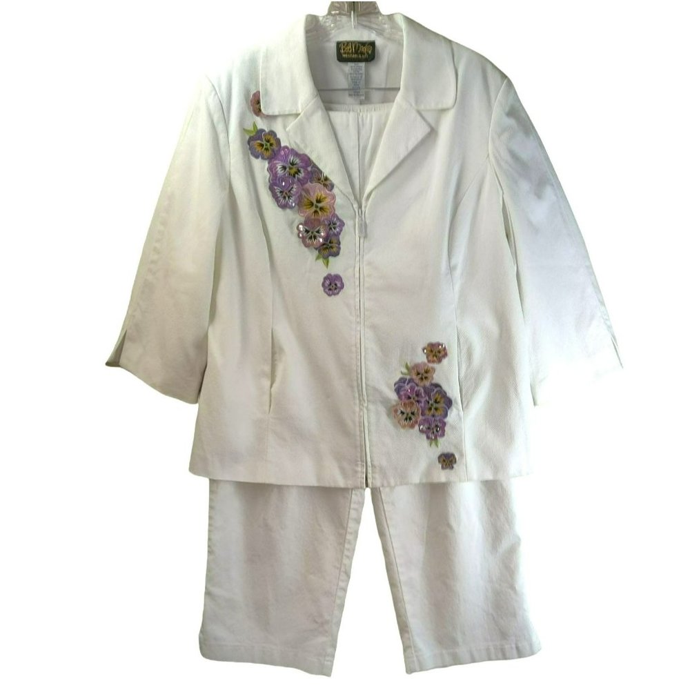 Bob Mackie Wearable Art Size L Fully Lined 2 PC White Pants Suit Colorful Floral